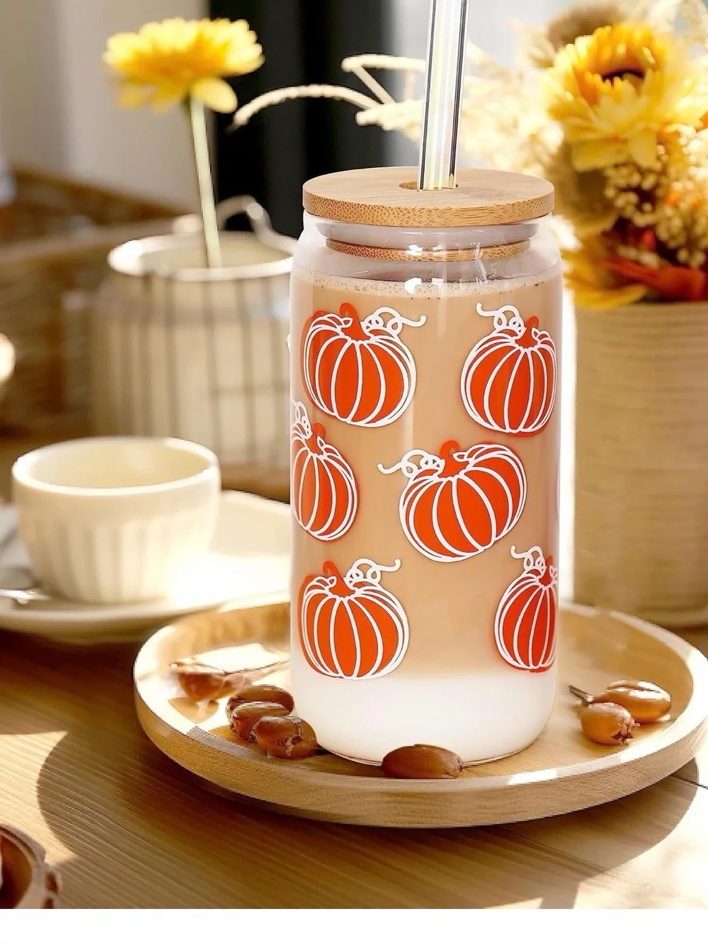 Autumn Pumpkin Glass Drinking Jar with Bamboo Lid & Straw